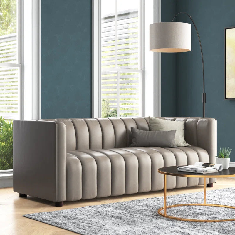 Anorea 83'' Genuine Leather Channel Tufted Sofa