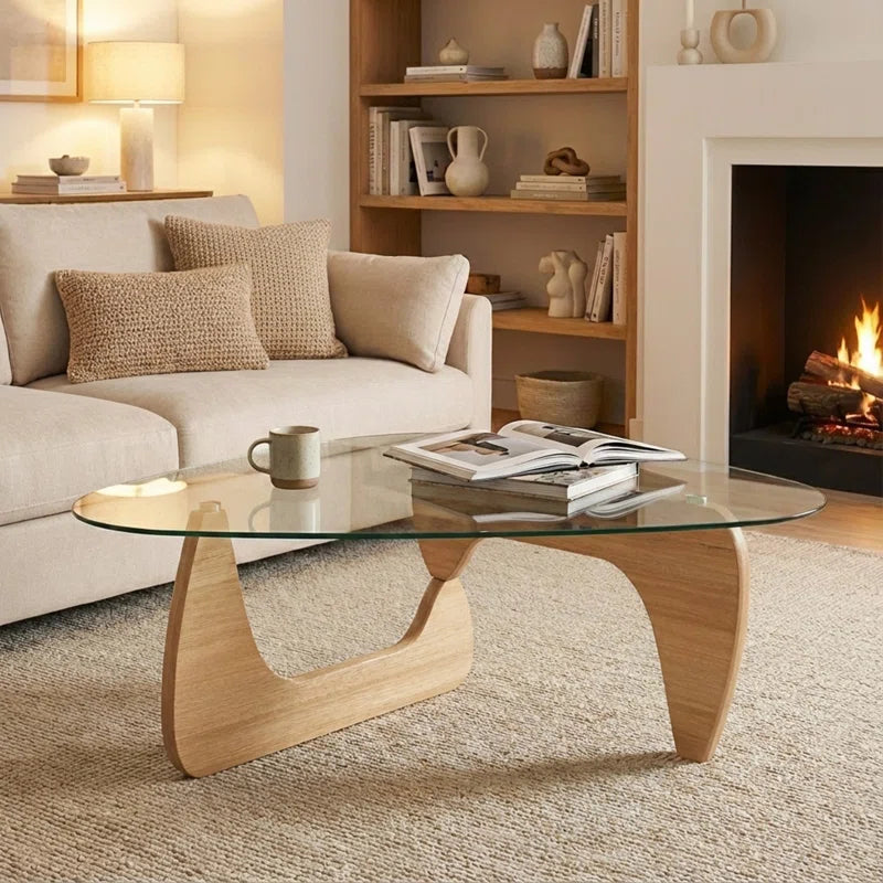 Triangle Abstract Coffee Table with Solid Wood Base and Triangle Glass 