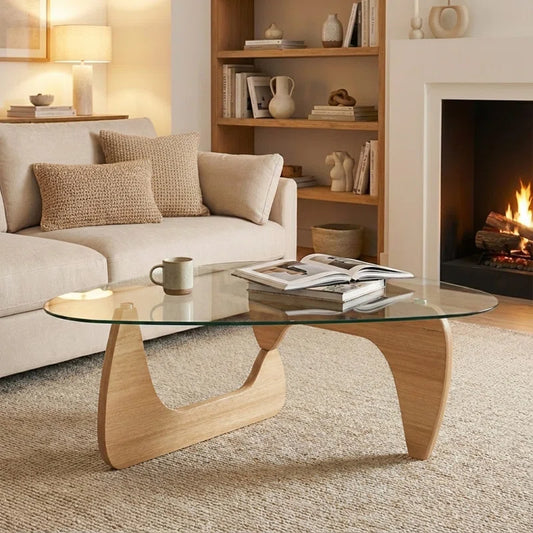 Triangle Abstract Coffee Table with Solid Wood Base and Triangle Glass 