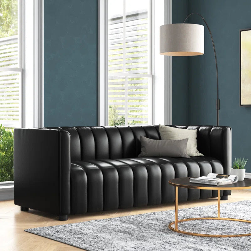 Anorea 83'' Genuine Leather Channel Tufted Sofa