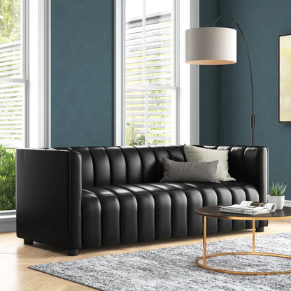 Anorea 83'' Genuine Leather Channel Tufted Sofa