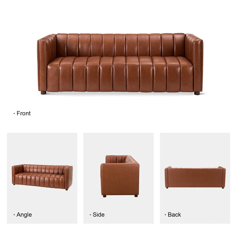 Anorea 83'' Genuine Leather Channel Tufted Sofa