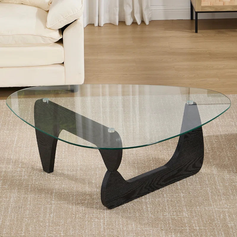 Triangle Abstract Coffee Table with Solid Wood Base and Triangle Glass 