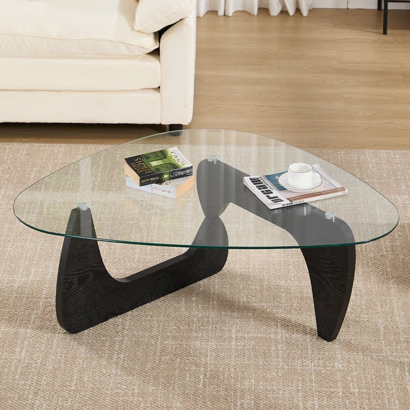 Triangle Abstract Coffee Table with Solid Wood Base and Triangle Glass 
