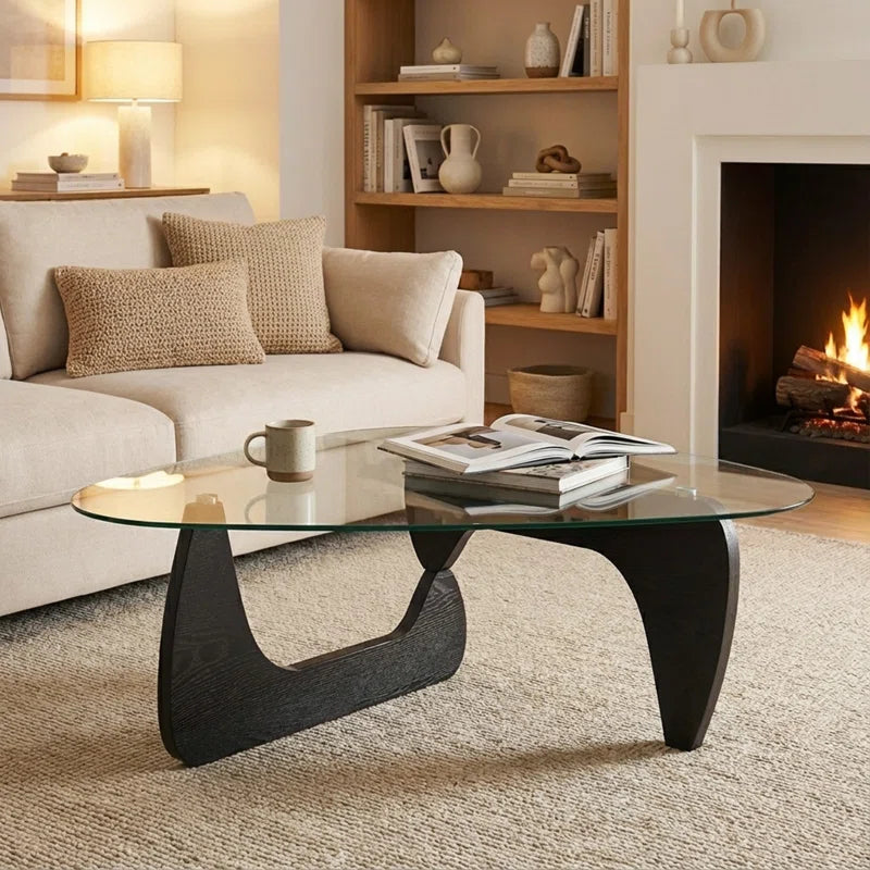 Triangle Abstract Coffee Table with Solid Wood Base and Triangle Glass 