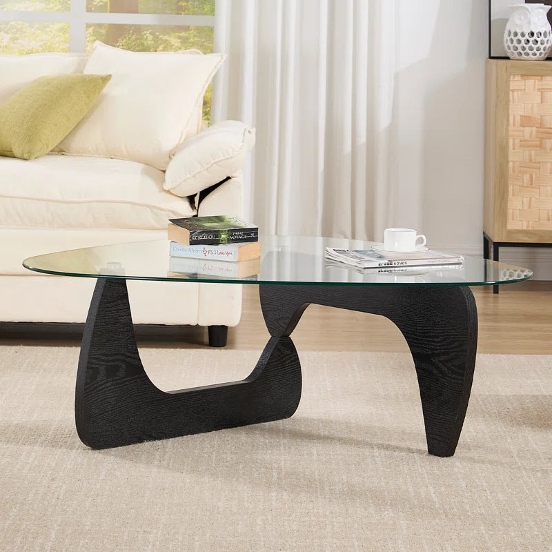 Triangle Abstract Coffee Table with Solid Wood Base and Triangle Glass 