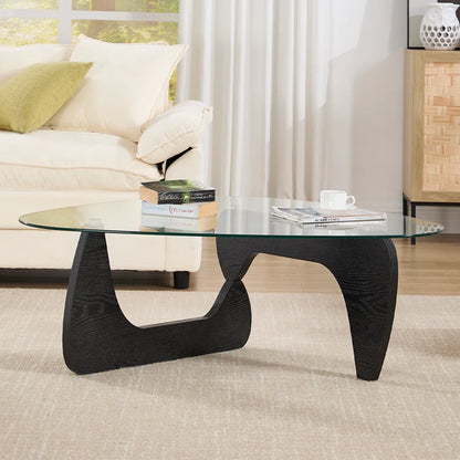 Triangle Abstract Coffee Table with Solid Wood Base and Triangle Glass 