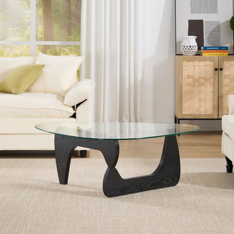 Triangle Abstract Coffee Table with Solid Wood Base and Triangle Glass 