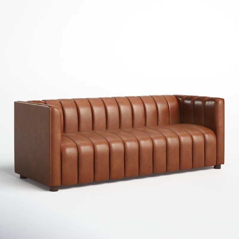 Anorea 83'' Genuine Leather Channel Tufted Sofa