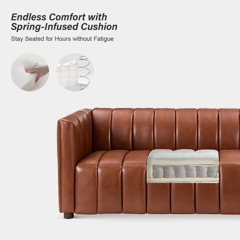 Anorea 83'' Genuine Leather Channel Tufted Sofa