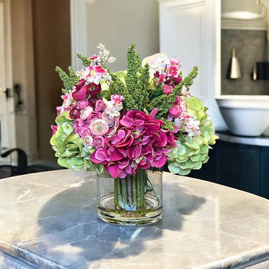 Hydrangea, Ranunculus, and Cherry Blossom Floral Arrangement in Vase