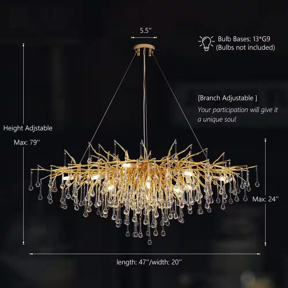 Modern Chandelier 47 In. 13-Lights Gold Luxury Crystal Globe Linear Chandelier