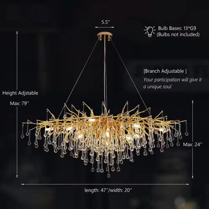 Modern Chandelier 47 In. 13-Lights Gold Luxury Crystal Globe Linear Chandelier