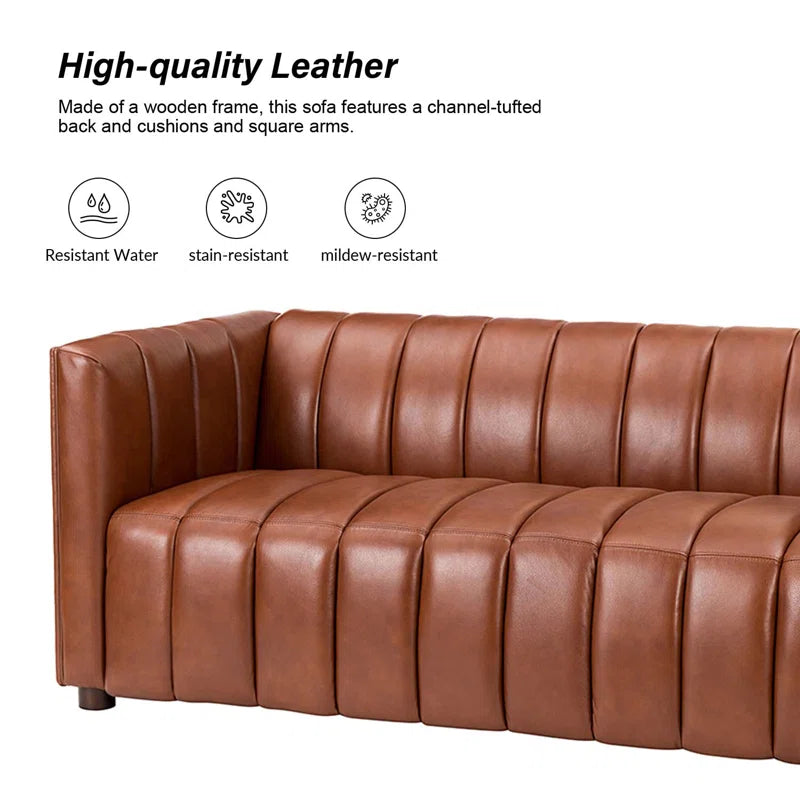 Anorea 83'' Genuine Leather Channel Tufted Sofa