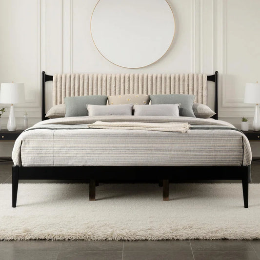 Ava Solid Wood Platform Bed with Upholstered Headboard