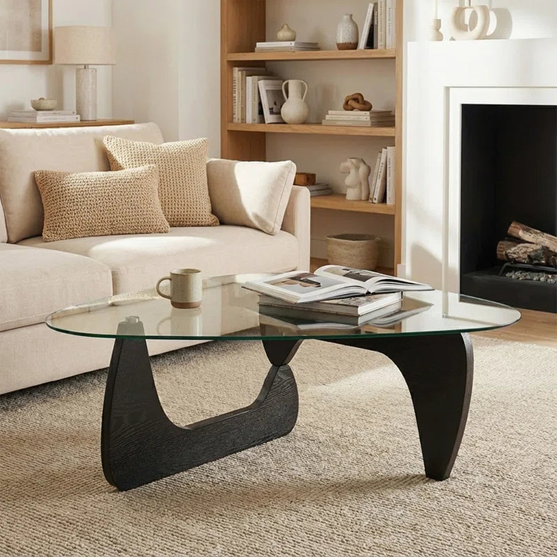 Triangle Abstract Coffee Table with Solid Wood Base and Triangle Glass 