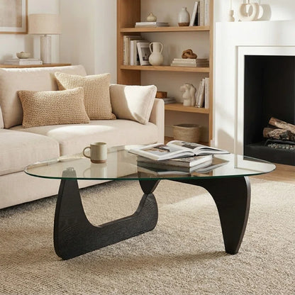 Triangle Abstract Coffee Table with Solid Wood Base and Triangle Glass 