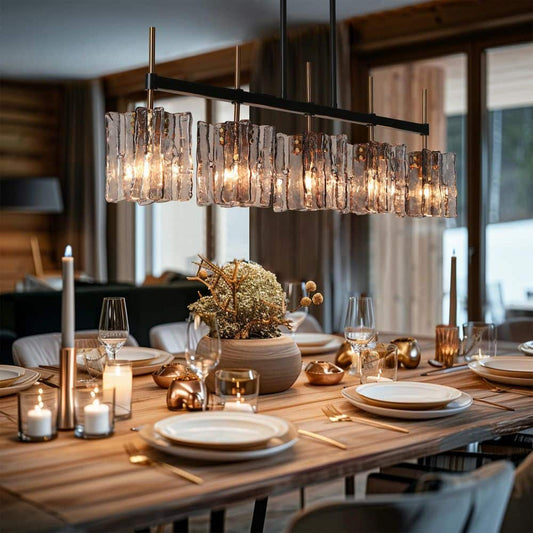 Echonalyri Modern 5-Light Glam 35.4 In. W Black and Brass Island Chandelier with Geometric Gray Textured Glass Shades